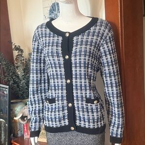 Cleo size XL Classic Navy & White Tweed Button-Front Women's Sweater